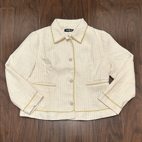 Allegra K Jackets & Blazers - Allegra K Tweed Cream Blazer Jacket Gold Trim